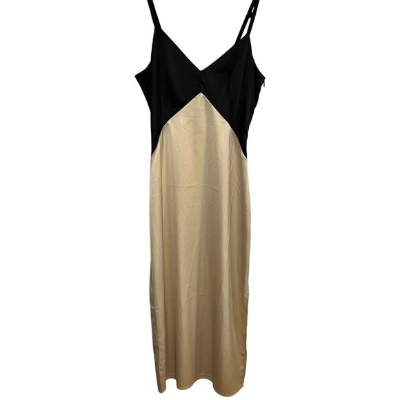 fab'rik Dresses & Skirts - Fabrik Two-Tone Satin Midi Dress Black Champagne Colorblock Sz XS Formal Wedding